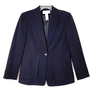 Liz Claiborne Blazer Women 6 Petite Dark Navy Blue One Button Lined Faux Pockets
